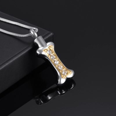 SHEIL Pet Memorial Jewelry Two Tone Crystal Dog Bone Stainless Steel Cremation Keepsake Pendant Necklace Urn for Ashes