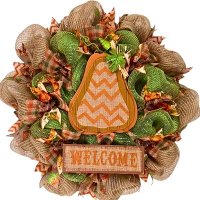Country Chevron Gourd Welcome Harvest Wreath Handmade Deco Mesh. Available in 24 inch and 28 inch diameters