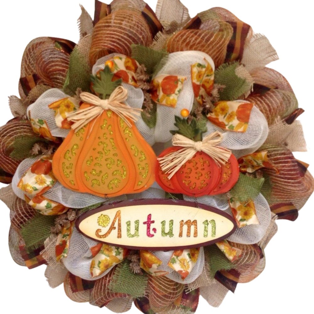 Glittering Gourds Autumn Welcome Wreath Handmade Deco Mesh. Available in 24 inch and 28 inch diameters