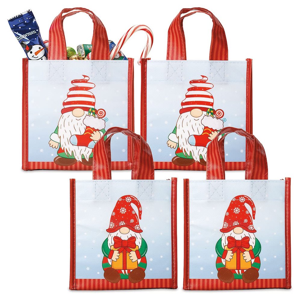 Current Gnome Christmas Holiday Mini Non-Woven Gift Totes - Set of 4 (2 Designs) 5.5" wide x 3" deep by 5, Reusable Wrap Bag