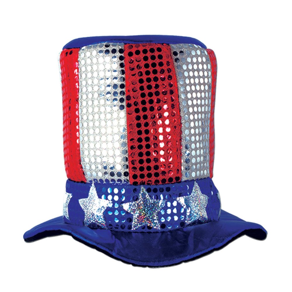 Beistle Glitz N Gleam Uncle Sam Top Hats, 3 Pack OSFM Independence and Memorial Day Party Accessories, Patriotic Stars & Stripes Novelty Photo Booth Props, Fourth of July Festive Headwear