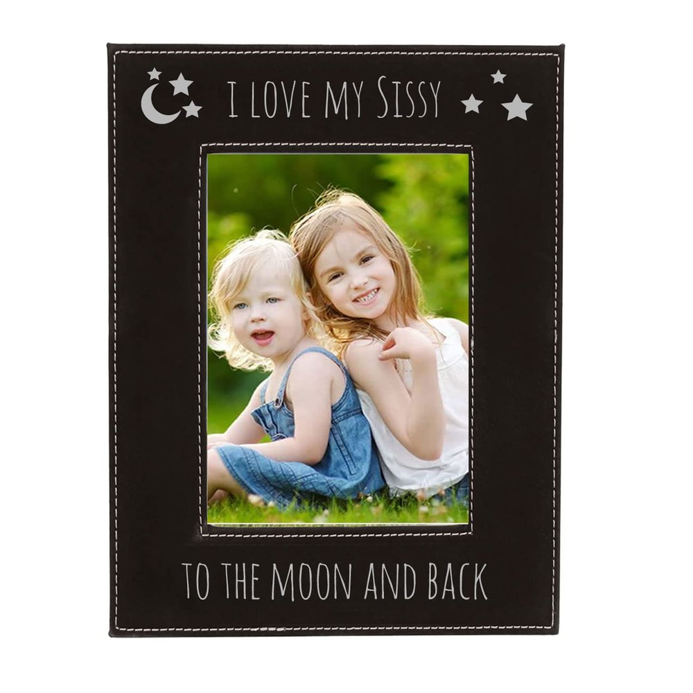 CustomGiftsNow I Love My Sissy to The Moon and Back Laser Engraved Faux Leather Leatherette Wall Hanging/Tabletop Mother's Day Black 8x10 Picture Group Family Christmas Vertical Portrait Photo Frame