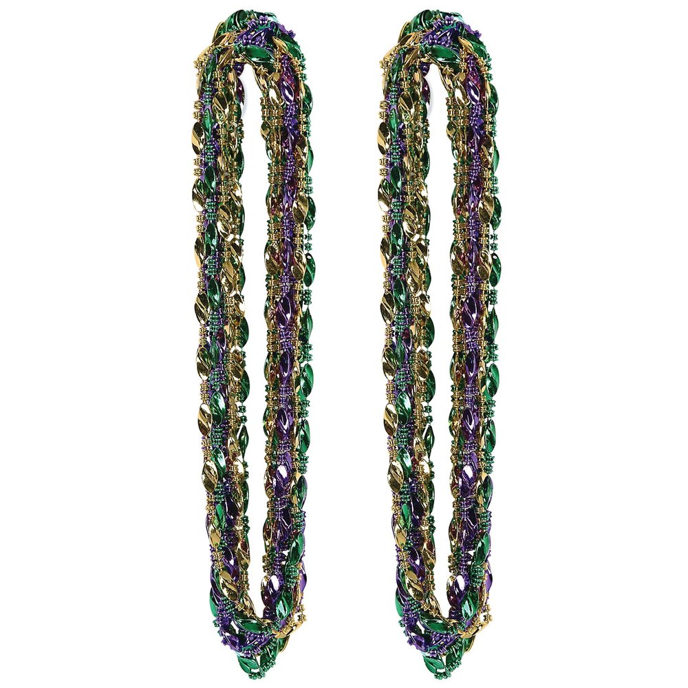 Beistle Mardi Gras Twist Beads 24 Pack Swirl Bead Necklaces in Green, Gold and Purple for New Orleans Celebrations, Parade Toss, Parties, Photo Booth Props and Festive Costumes, 33"