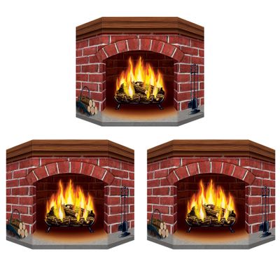 Beistle Standup Brick Fireplace  3 Pack Rustic Holiday Decor for Christmas Parties Crackling Faux Fire Background for Photos with Brick Backdrop Freestanding Winter Mantle Display 3' 1" x 25"