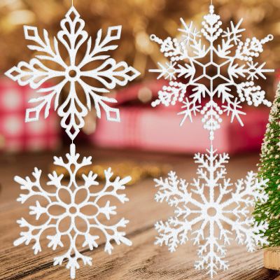 24 Pcs 12 Inch Large Christmas Snowflake Ornaments Glitter Xmas Hanging Ornaments Big Christmas Snowflake Decorations for Window Decor Winter Decorations (White)