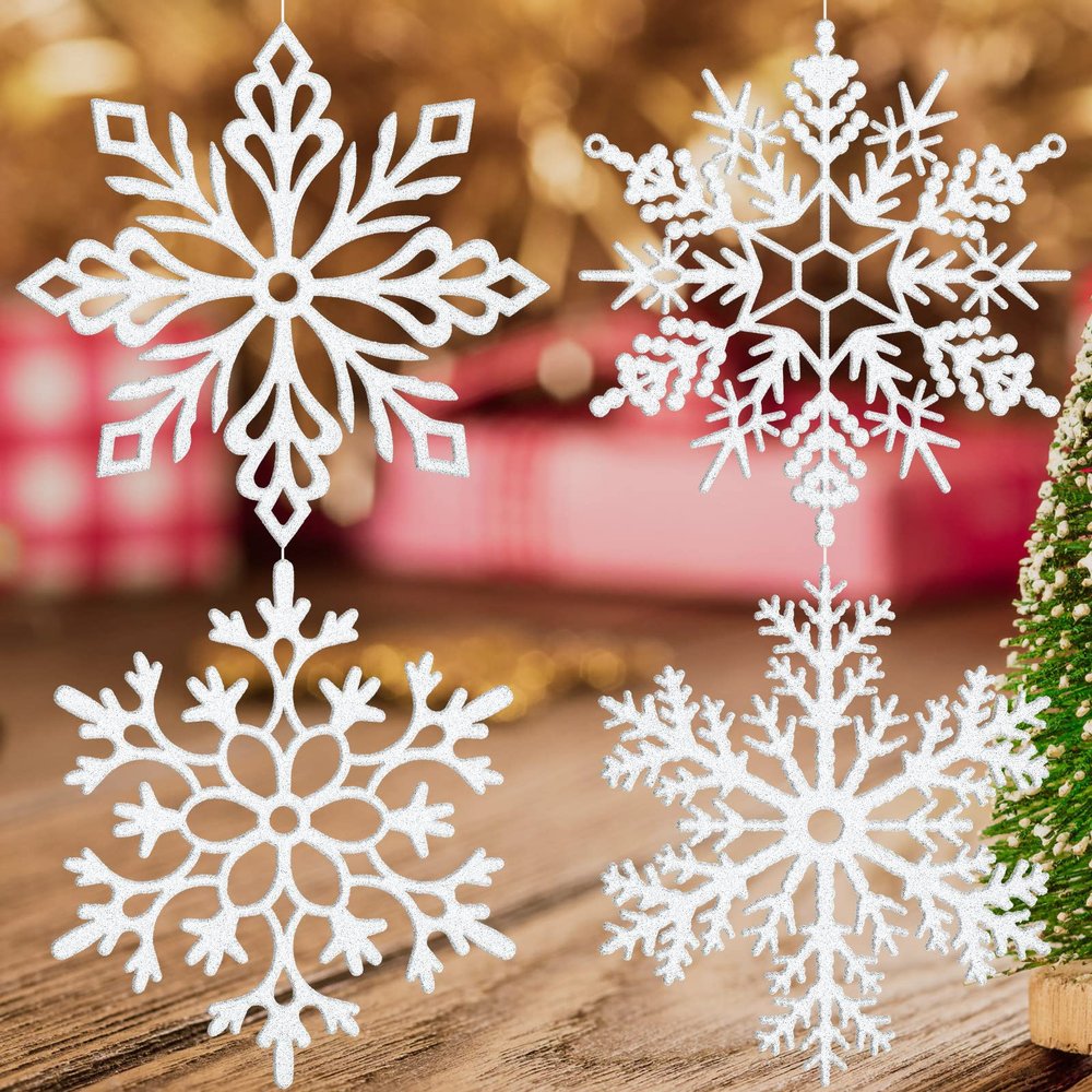 24 Pcs 12 Inch Large Christmas Snowflake Ornaments Glitter Xmas Hanging Ornaments Big Christmas Snowflake Decorations for Window Decor Winter Decorations (White)