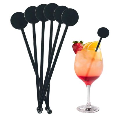 200Pcs Cocktail Swizzle Sticks, 7 Inches Disposible Plastic Disc Top Drink Stirrers Black Drinks Mixing Rod for Coffee Milk Cocktail Whiskey Beverage Bar (Black)