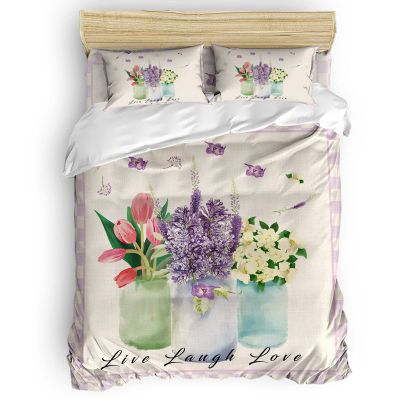 YOKOU Duvet Cover 4 Pieces Set Tulip Lavender Jasmine Flower Vase Purple Plaid Summer Live Laugh Love Comforter Bedding Set with Zipper Closure Corner Ties California King