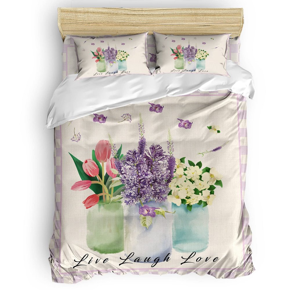 YOKOU Duvet Cover 4 Pieces Set Tulip Lavender Jasmine Flower Vase Purple Plaid Summer Live Laugh Love Comforter Bedding Set with Zipper Closure Corner Ties California King