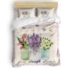 YOKOU Duvet Cover 4 Pieces Set Tulip Lavender Jasmine Flower Vase Purple Plaid Summer Live Laugh Love Comforter Bedding Set with Zipper Closure Corner Ties California King view 1