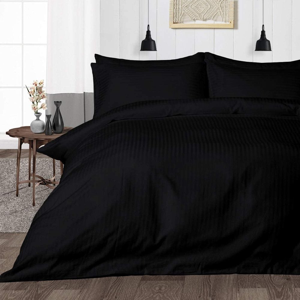 100% Egyptian Cotton 5 PC Duvet/Comforter Cover Set - 1 PC Zipper Duvet/Blanket Cover and 4 PC Pillowcases Soft, Cool, 600 Thread Count & Lightweight - Black Stripe,Queen Size.