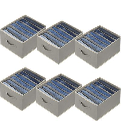 Baesyhom 6 Pcs Large Size Wardrobe Clothes Organizers 6 Grids for Pants, Jeans, Sweater, T-shirt, Thin Coat, Dress Stackable Closet Drawer Organizer Storage Bin Container with Sturdy Handles, Grey