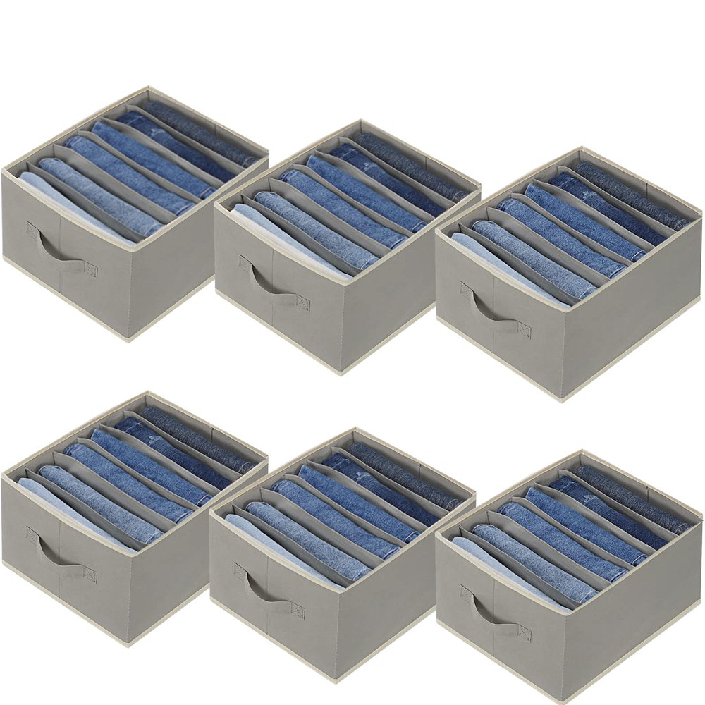 Baesyhom 6 Pcs Large Size Wardrobe Clothes Organizers 6 Grids for Pants, Jeans, Sweater, T-shirt, Thin Coat, Dress Stackable Closet Drawer Organizer Storage Bin Container with Sturdy Handles, Grey