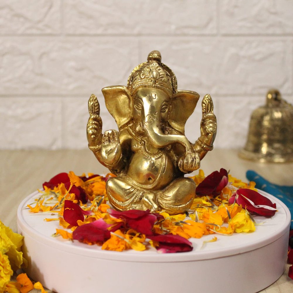 Brass Lord Ganesha Ganpati Religious Statue Idol Ganesh Murti Home Decor for Puja Size - Height 4.5 Inches. by Indian Collectible