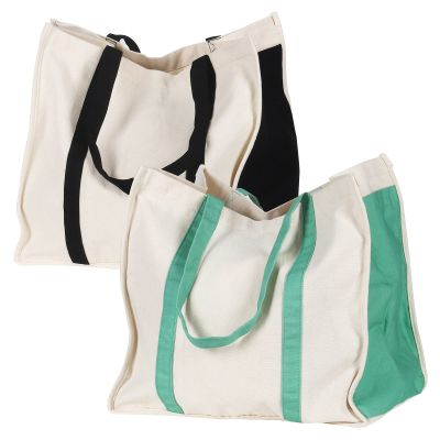 Anleo Reusable Cotton Canvas Grocery Tote Bags with Side Pockets, Large Utility Tote Bag for Shopping, Beach, Picnic (Black+Green)
