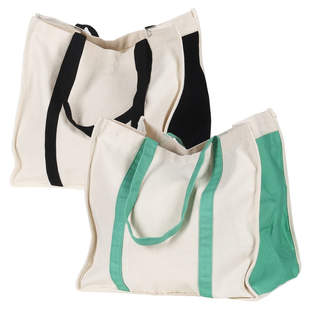 Anleo Reusable Cotton Canvas Grocery Tote Bags with Side Pockets, Large Utility Tote Bag for Shopping, Beach, Picnic (Black+Green)