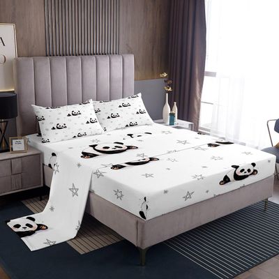 Feelyou Cartton Panda Sheet Set Kids Cute Animal Sheets with Deep Pocket Fitted Sheet for Boys Girls Kawaii Panda Bed Sheets Set Panda Bear Printed Black White Bedding Set Quilt Cover Queen