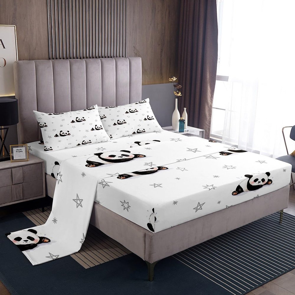 Feelyou Cartton Panda Sheet Set Kids Cute Animal Sheets with Deep Pocket Fitted Sheet for Boys Girls Kawaii Panda Bed Sheets Set Panda Bear Printed Black White Bedding Set Quilt Cover Queen