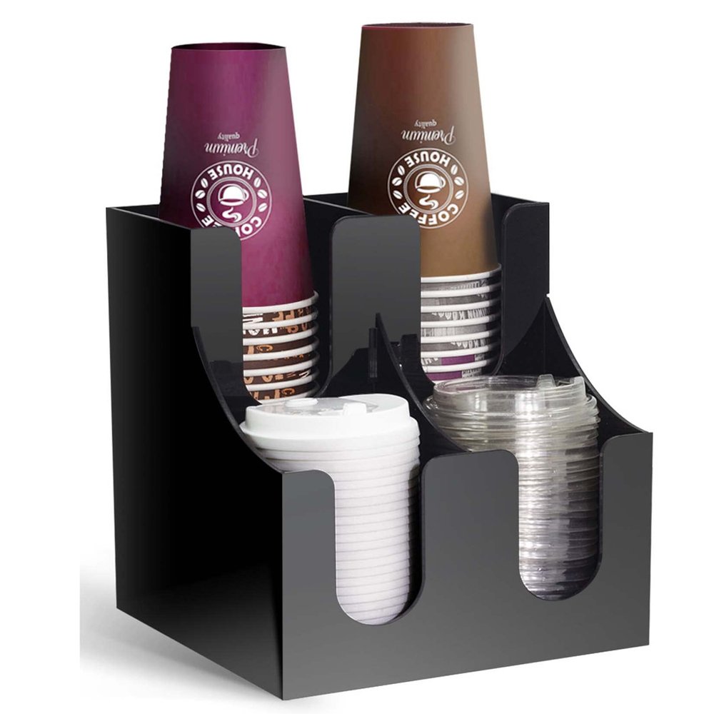 CARWERL Cup and Lid Holder, Acrylic 4/6 Compartment Disposable Coffee Cup Storage Organizer, Coffee Shop Buffet Countertop Cup Lid Sleeve Dispenser, Coffee Station Supplies,2 * 2