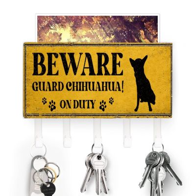 Beware Guard Chihuahua on Duty Key Holder Dogs Lovers Wall Mount Key Hanger Self Adhesive Key Hanger Organizer Rustic Mail Sorter Home Decor for Entryway Hallway Kitchen Office 7x4 inch