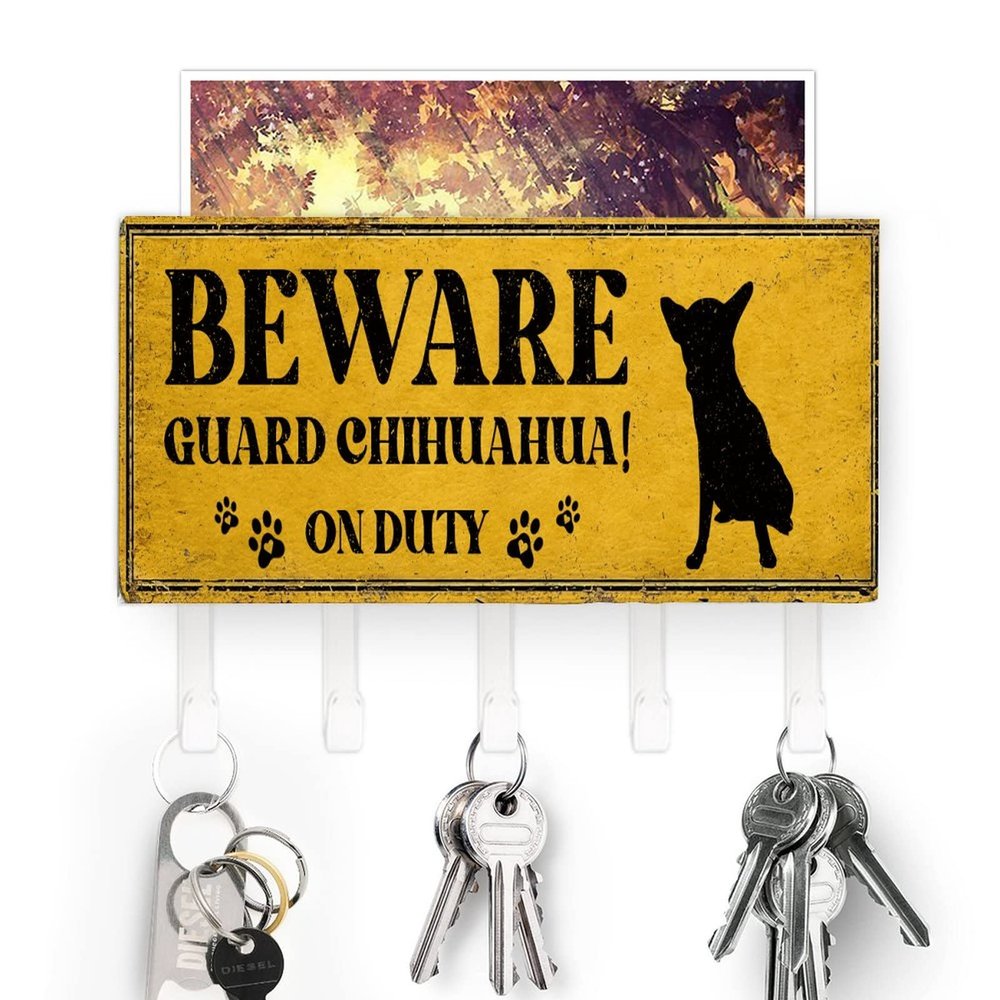 Beware Guard Chihuahua on Duty Key Holder Dogs Lovers Wall Mount Key Hanger Self Adhesive Key Hanger Organizer Rustic Mail Sorter Home Decor for Entryway Hallway Kitchen Office 7x4 inch