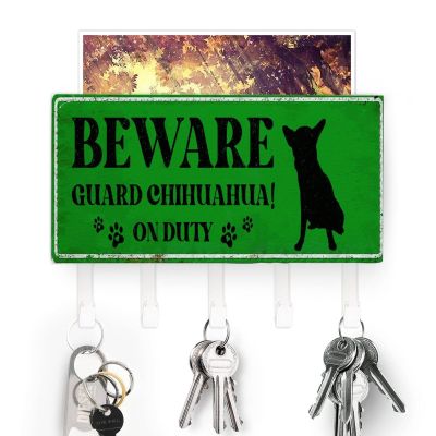 Beware Guard Chihuahua on Duty Key Holder Pet Rules Wall Mount Key Hanger Self Adhesive Key Organizer Classic Letter Holder Home Decor for Entryway Mudroom Kitchen Home 7x4 inch