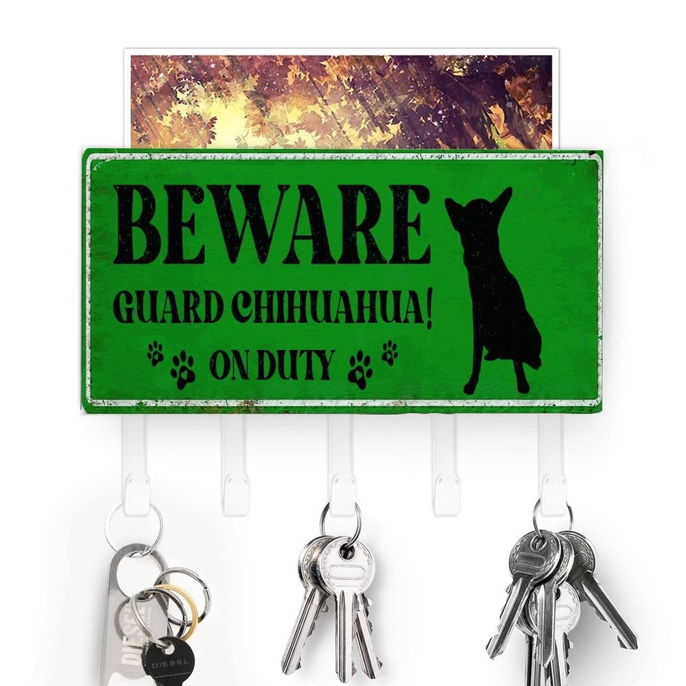 Beware Guard Chihuahua on Duty Key Holder Pet Rules Wall Mount Key Hanger Self Adhesive Key Organizer Classic Letter Holder Home Decor for Entryway Mudroom Kitchen Home 7x4 inch