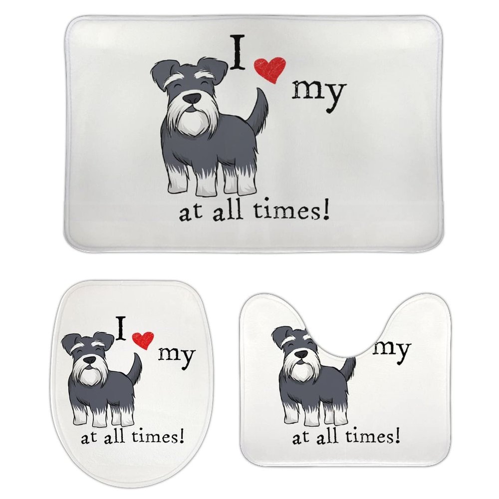 3-Pack Bath Mat Set, I Love My Dogs at All Times Schnauzer Absorbent Memory Foam Soft Shower Bath Rugs Contour Mat and Lid Cover,Non Slip Velvet Bathrug,Shower Toilet Bathmats Carpet 16x24 Inch