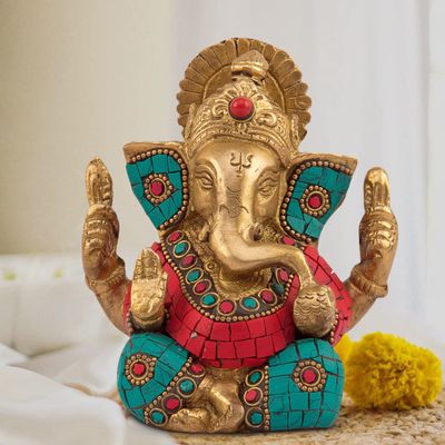 Brass Ganesh Bhagwan Idol Ganesha Statue Ganpati Murti for Home Entrance Decor Diwali Gift Decorate with Multicolored Stone Height 4.5 Inch (1) by Indian Collectible