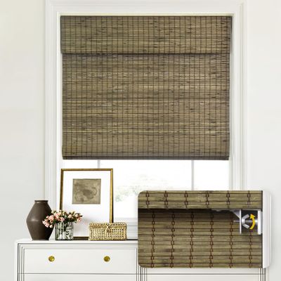 LazBlinds No Tools No Drill Cordless Bamboo Roman Shades, Privacy Window Treatment, Roll Up Bamboo Blinds for Windows 26'' W x 64'' H, Driftwood