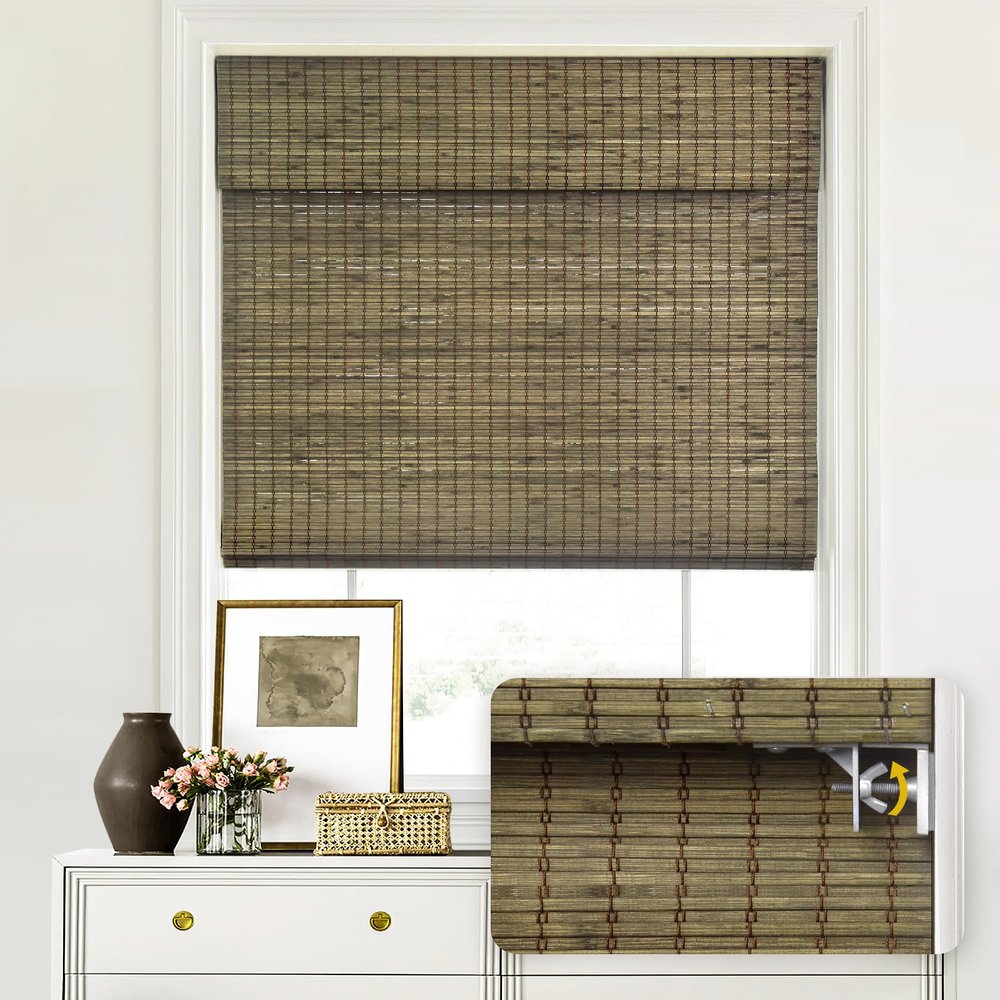 LazBlinds No Tools No Drill Cordless Bamboo Roman Shades, Privacy Window Treatment, Roll Up Bamboo Blinds for Windows 26'' W x 64'' H, Driftwood