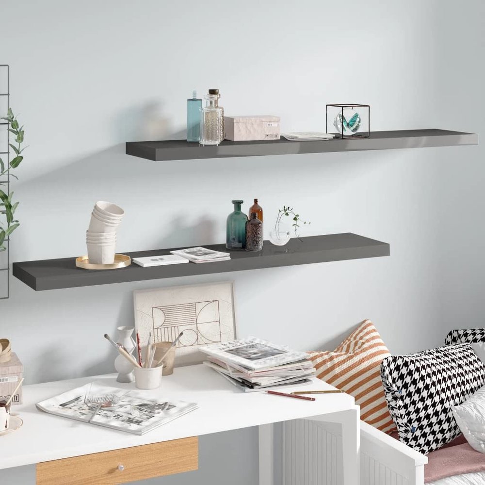 YITHOPI Floating Shelves Wall Shelves - Wall Mounted Shelves - Decorative Floating Wall Shelves - Bedroom or Living Room Floating Wall Shelves 2 pcs High Gloss Gray 47.2"x9.3"x1.5" MDF