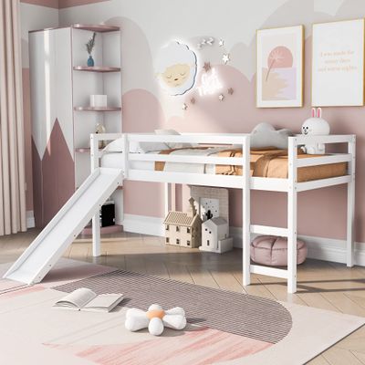 Harper & Bright Designs Wood Loft Bed with Slide,Twin Low Loft Bed for Kids Girls Boys Toddler Loft Bed with Ladder and Guard Rails,White