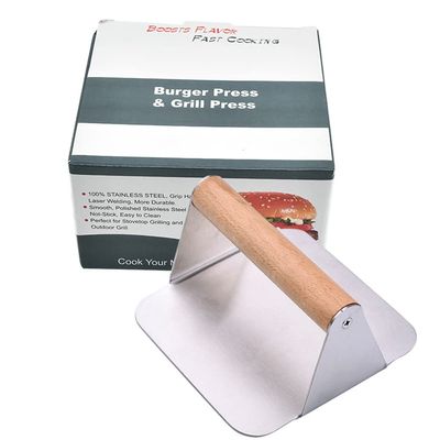 LoBake Manual 304 Stainless Steel Round Square Meat Press Meat Patties Hamburger Maker with Wooden Handle Pressing Steak Kitchen Tools (Square Wooden Handle)