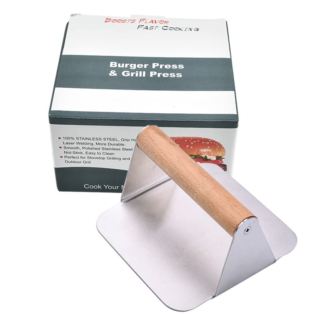 LoBake Manual 304 Stainless Steel Round Square Meat Press Meat Patties Hamburger Maker with Wooden Handle Pressing Steak Kitchen Tools (Square Wooden Handle)