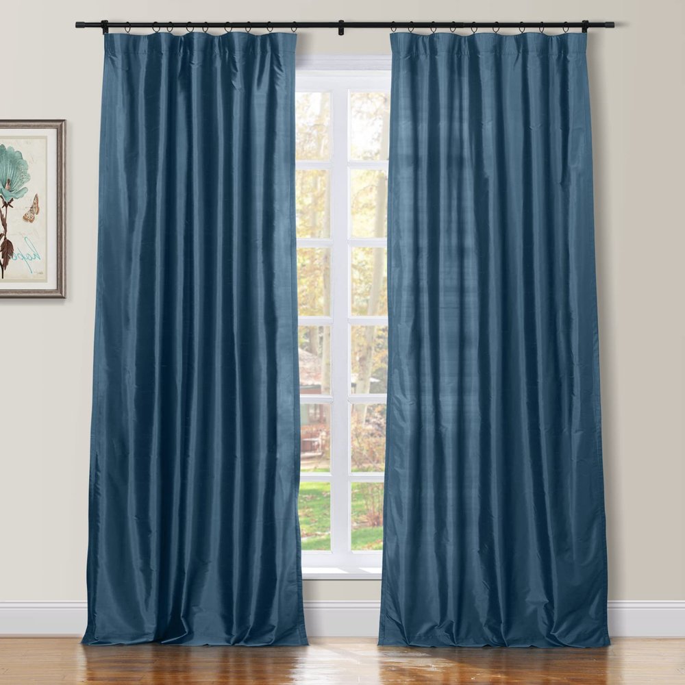 TWOPAGES 100% Dupioni Silk French Blue Curtain with Back Tab Extra Long Room Darkening 120 Inch Long Privacy Protection Drape 50Wx120L for Bedroom, 1 Panel