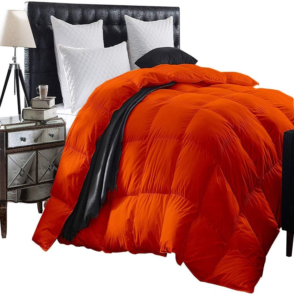 3 Piece Baffle Box Stitched Super King 120x120 Comforter for Super King Orange Solid 100% Egyptian Cotton 600 GSM Fill Power All Season Lightweight