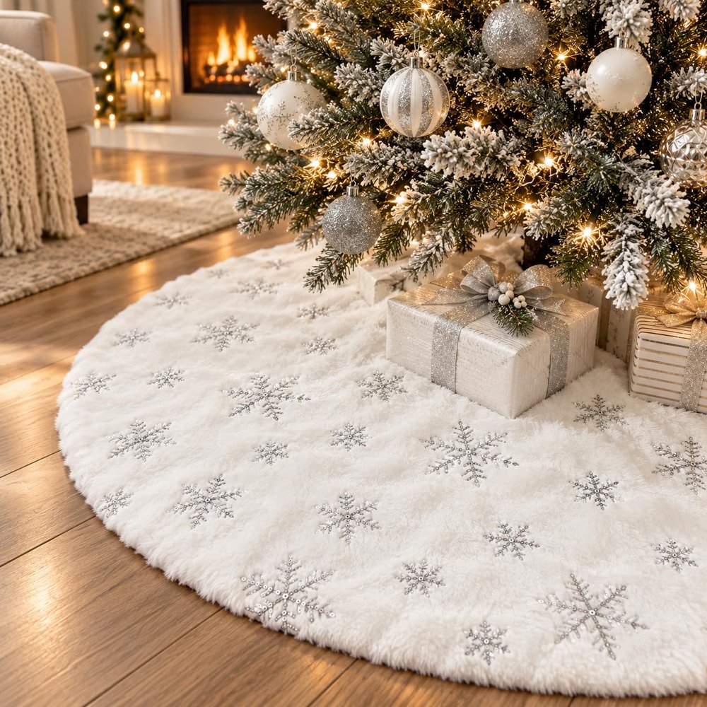 AOGU 60 Inch Sequin Faux Fur Christmas Tree Skirt Decoration for Merry Christmas Party White Plush Silver Sequin Snowflake Xmas Christmas Tree Skirt Decorations