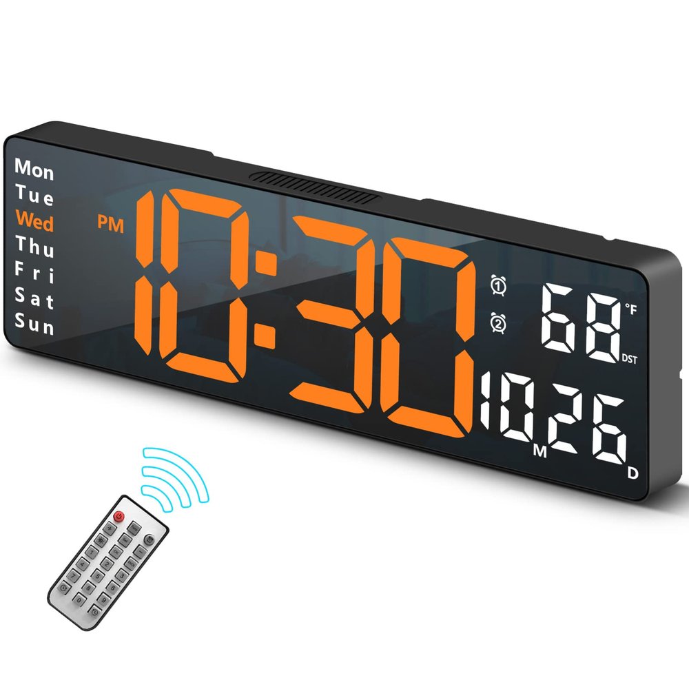 Abovsare Digital Wall Clock for Living Room Decor, Desk Alarm Clock for Bedroom, Large Wall Clock with Remote Control, Automatic Brightness Dimmer LED Clock with Date Temperature Week (Orange-B)