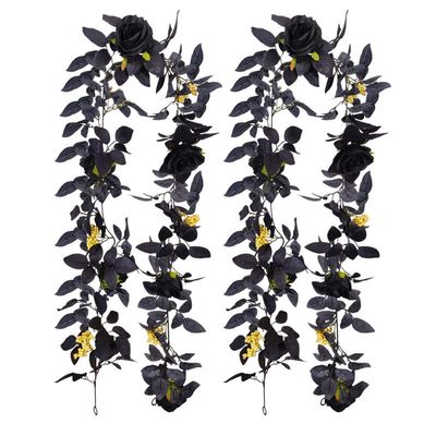 Artificial Black Rose Vine, Halloween Flower Garland with Red Roses and Golden Berries, Black Leaves Garland, Hanging Floral Garland for Halloween Home Wall Decorations,5.9 Ft (2pcs)