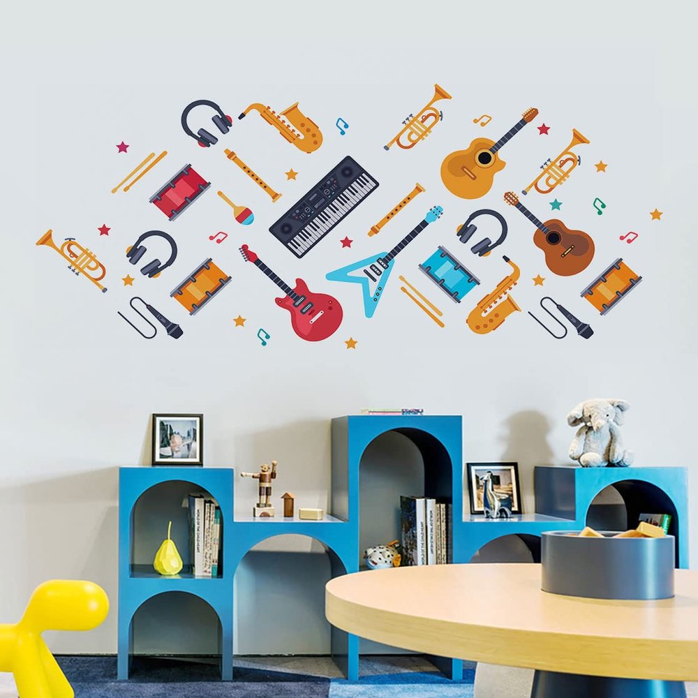 Music Instruments Wall Decals for School Classroom,Guitar Drum Oboe Bass Wall Stickers for Kids Room, Remove Vinyl Removable Wall Art for Preschool