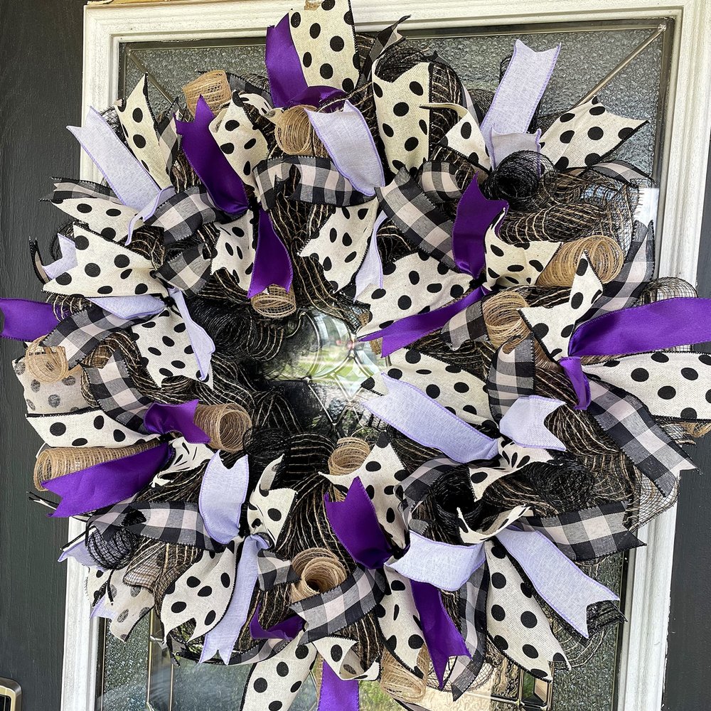 Beautiful Purple Lavender Black Polka Dot Halloween/Fall Front Door Wreath, Porch Patio Yard Prop, Indoor Outdoor Decoration, Handmade Fall Home Decor