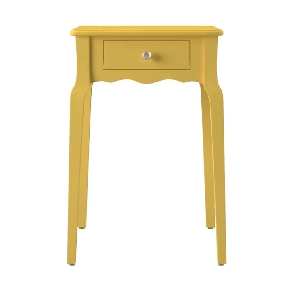 Aesthetic Yellow Nightstand with Drawer 24'' H X 15.75'' W X 19'' D Size, Leggy Design, Stylish Scalloped Skirt, Nickel Knob-Adorned Drawer | All Season Pretty Solid Lemon Shade, Highly Durable