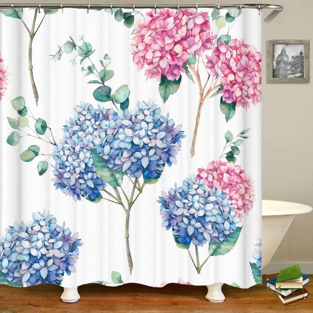 3D Printed Hydrangea Shower Curtain Retro Flower Pattern Waterproof Polyester Bath Curtains Bathroom Accessories Decor 71x71in-180x180cm/WxL
