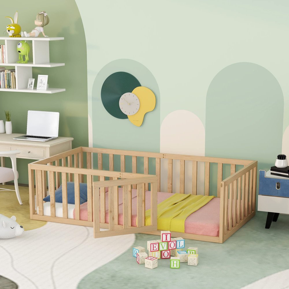 VilroCaz Twin Size Wood Daybed with Door Openable Fence, Fun Design Daybed Fence Frame for Kids Child, No Bed Slats Play Space (Natural)