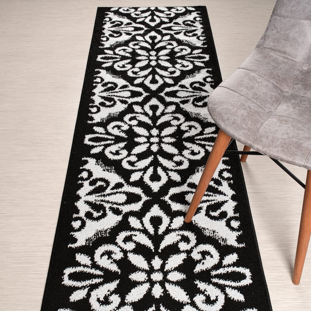 Custom Length, Non Slip Modern Mahal Carpet Runner Rug Mat for Entry Hallway Kitchen Laundry, 26 inch x 40 feet, Black & Silver Grey