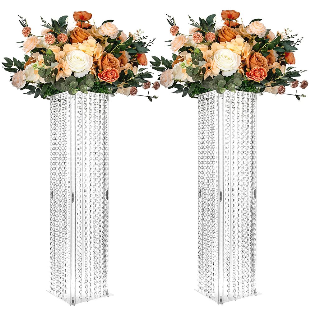2 Pcs Wedding Centerpieces Table Acrylic Vases with Chandelier Crystal - 31.5in Tall Clear Rectangular Flower Stand Geometric Flower Centerpiece Vase Party Tables Decorations
