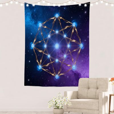 Batmerry Mysterious Universe Tapestry, Cube Flower of Life Sign Neon Space Wall Art Hanging Decoration Polyester Fiber White Ruffled Around for Dorm Room Bedroom Living Room, 59.1x39.4 inches