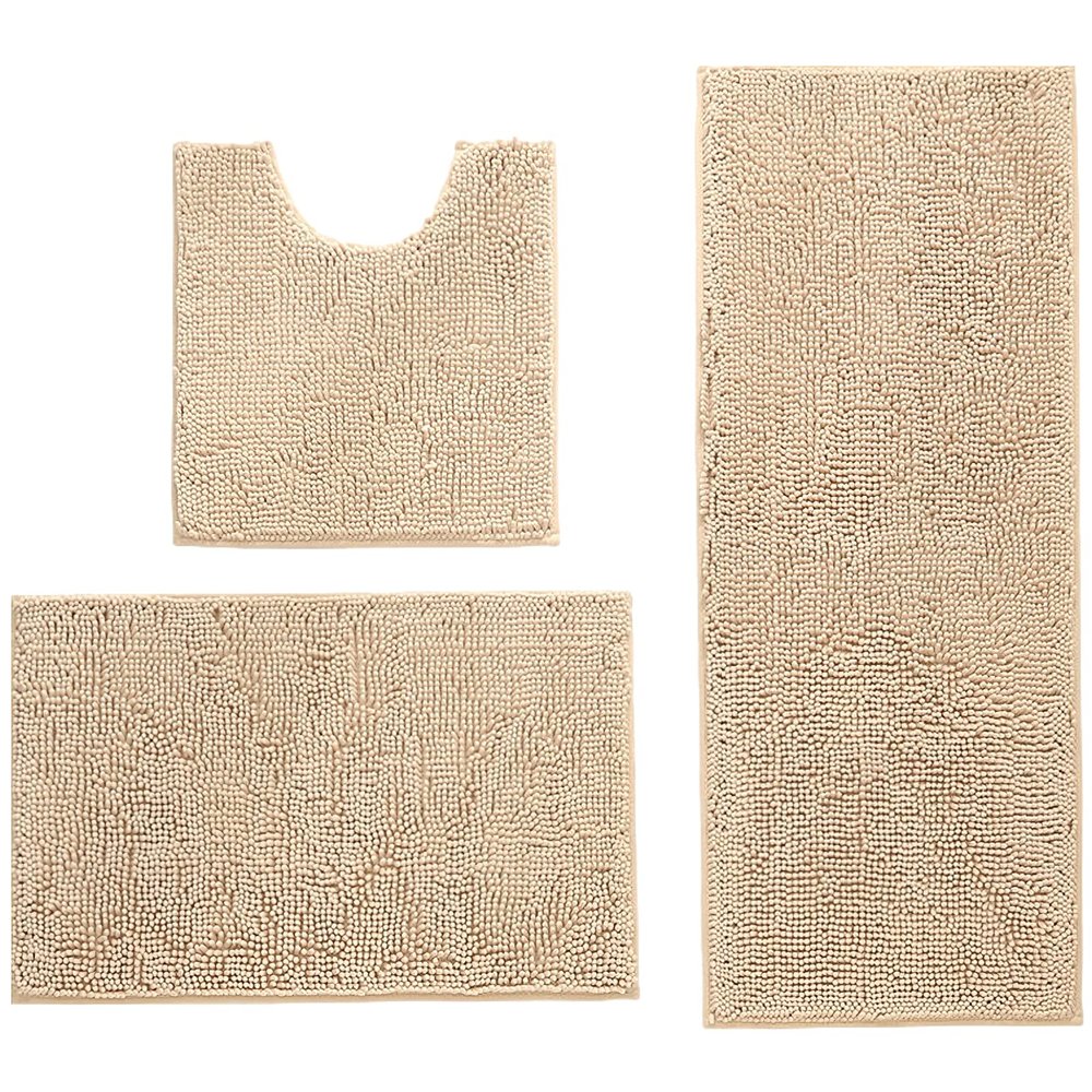 apott 3 Pieces Bathroom Rug Set with Toilet U-Shaped Mats Non Slip Bath Carpets for Toilet Bathtub Bedroom Kitchen Beige