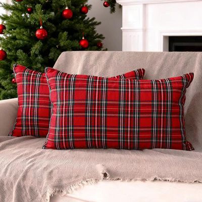 CARRIE HOME Red Tartan Plaid Christmas Lumbar Pillow Covers 12x20 Set of 2 Red Scottish Xmas Lumbar Throw Pillows Traditional Christmas Decor for Living Room Couch Sofa